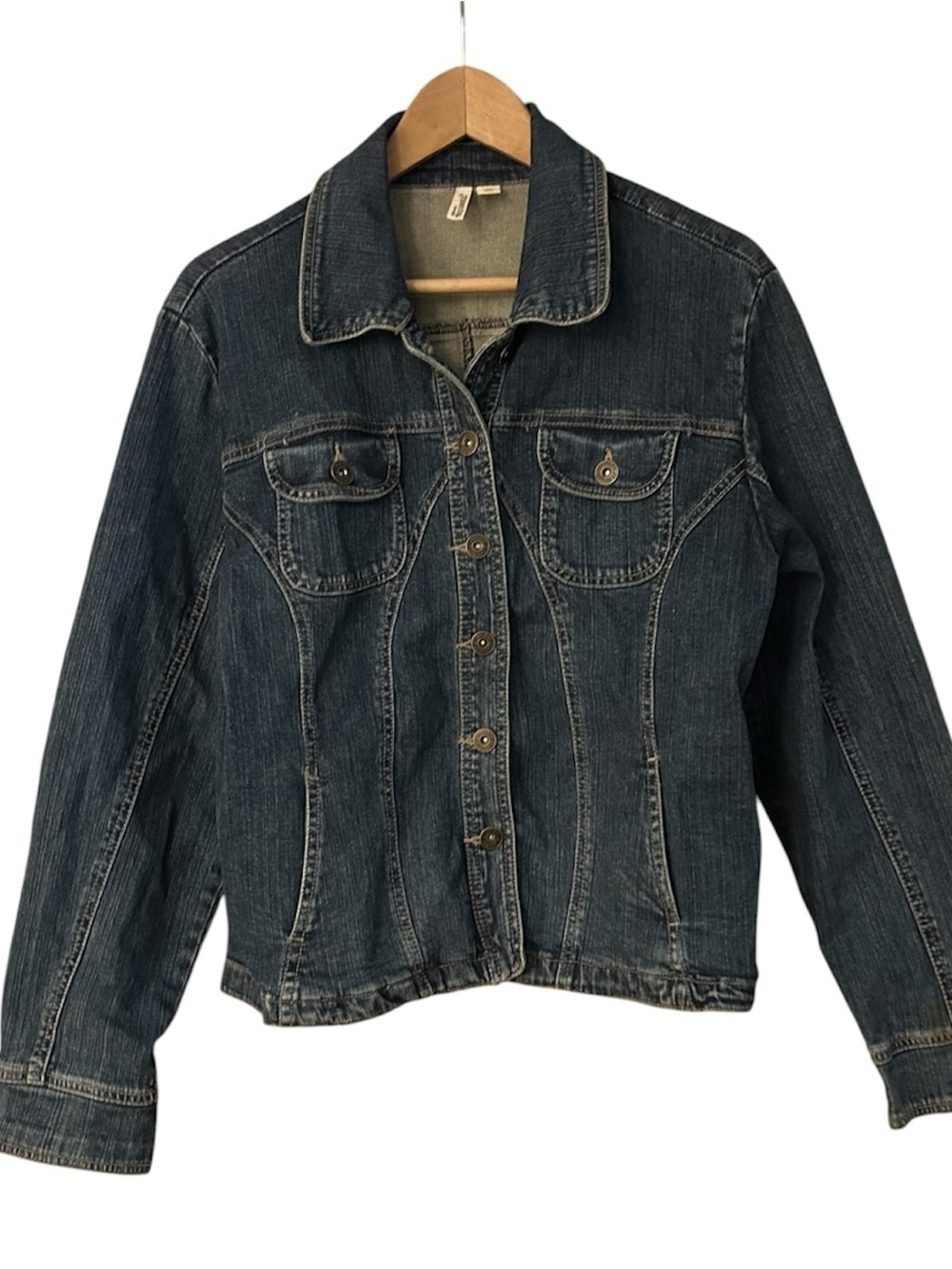 St Johns Bay Stretch Denim Jacket XL Fitted Button Up Dark Wash Jean Jacket
